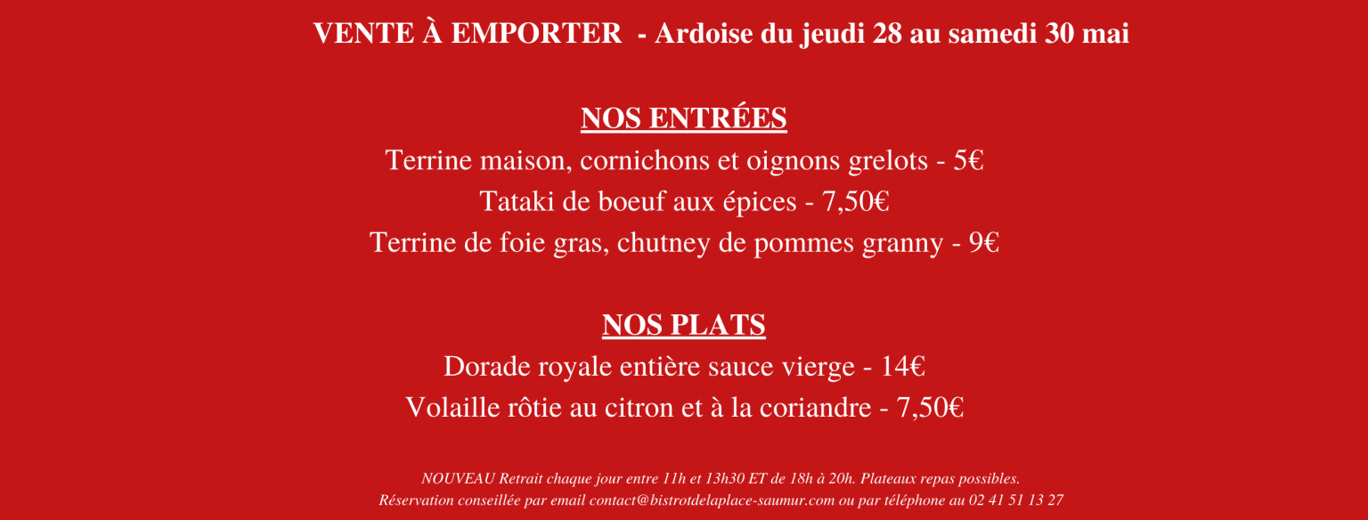 VENTE À EMPORTER - Jeudi 28 au samedi 30 mai